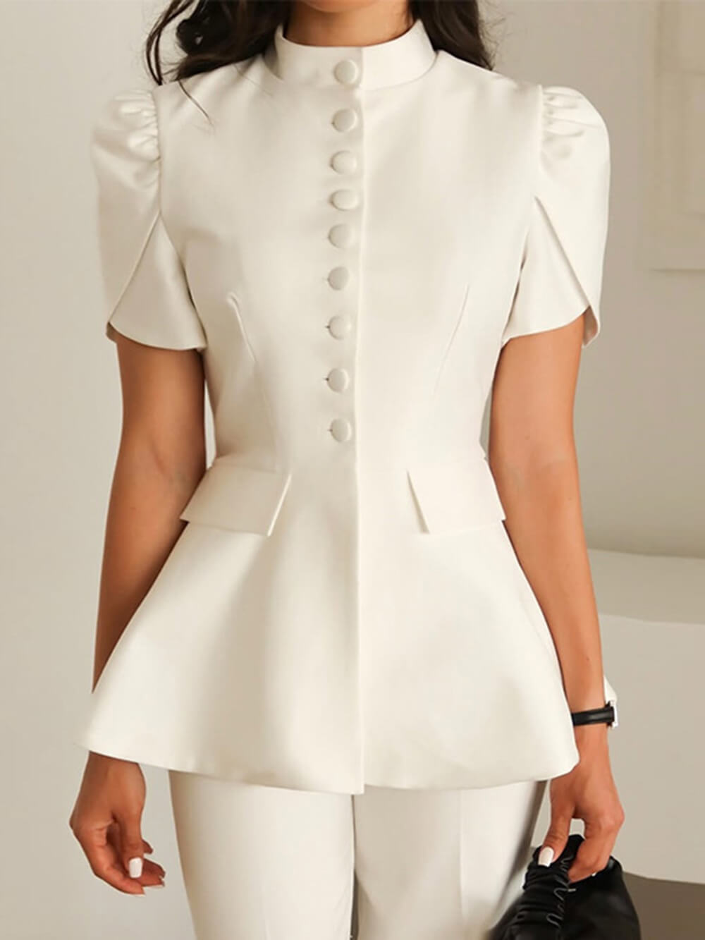 Sweet Stand Collar Single-Button High-Waist Top