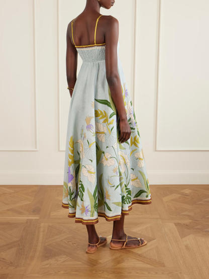 Unique Floral Print Linen Midi Dress