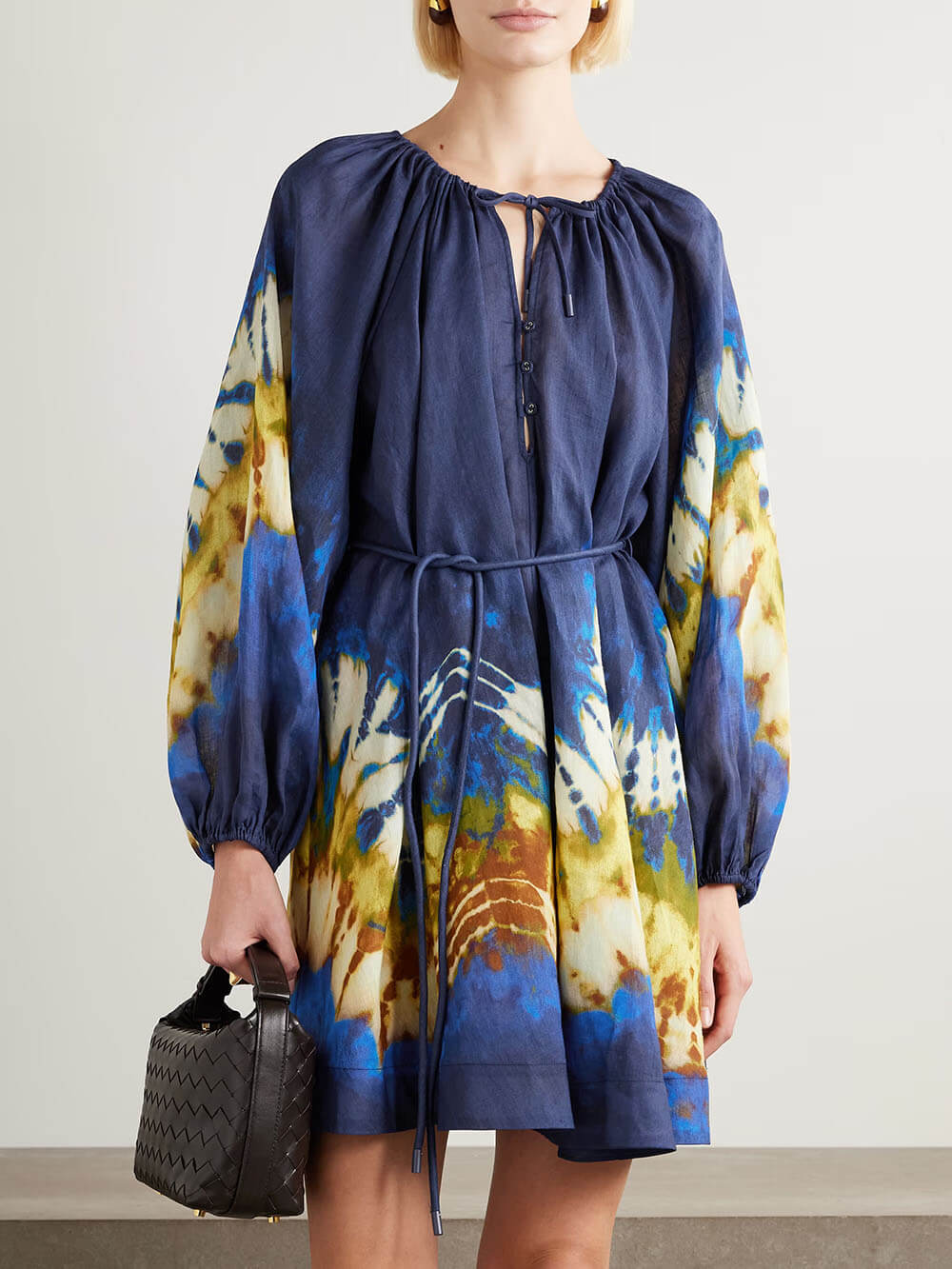 Unique Retro Tie-Dye Print Tie Linen Mini Dress