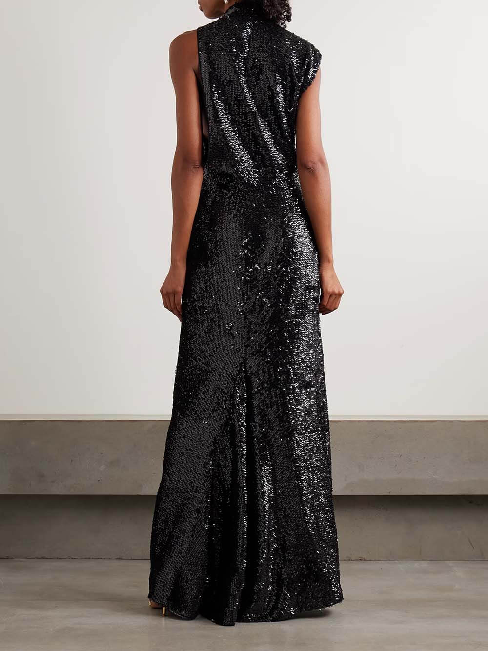 Sequined Draped Asymmetric Crepe Gown Maxi Dress