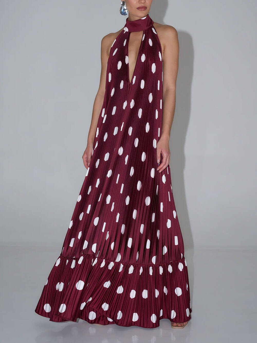 Elegant Polka Dot Backless Halter Evening Gown Maxi Dress