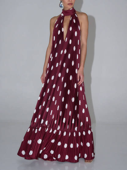 Elegant Polka Dot Backless Halter Evening Gown Maxi Dress