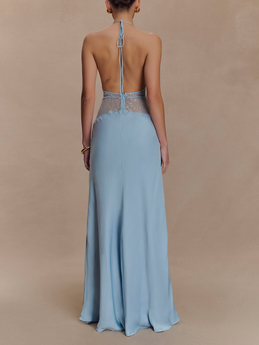 Elegant Lace-Panel V-Neck Lace-Up Satin Maxi Dress