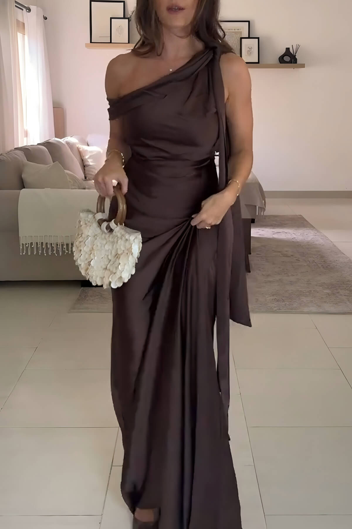 Elegant One-Shoulder Ruched Tie Detail Maxi Dress