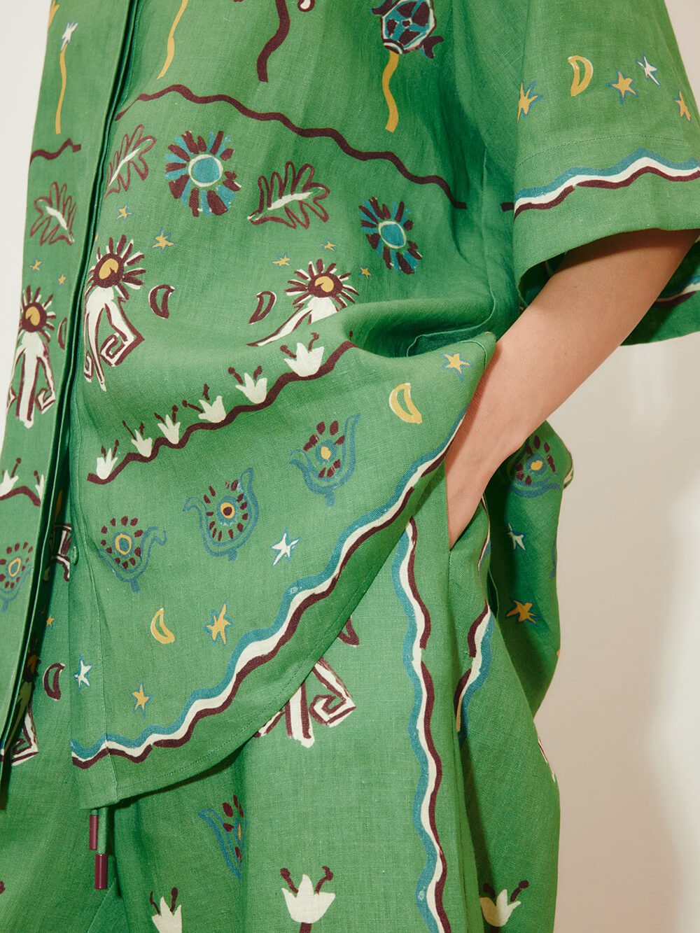 Unique Casual Sun Dancer Print Elastic Waist Loose Pocket Wide-Leg Pants