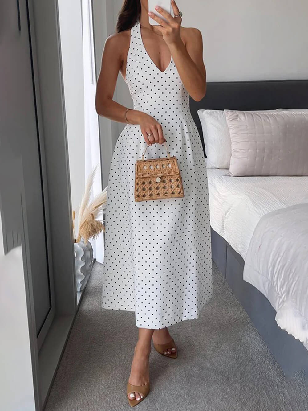 Classic Polka Dot Print Backless Tie Midi Dress