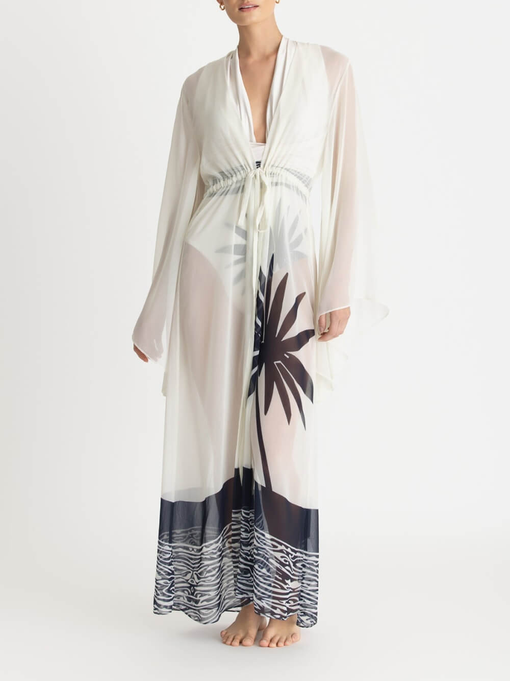 Sexy Kimono Palm Tree Print Beach Cover-Up