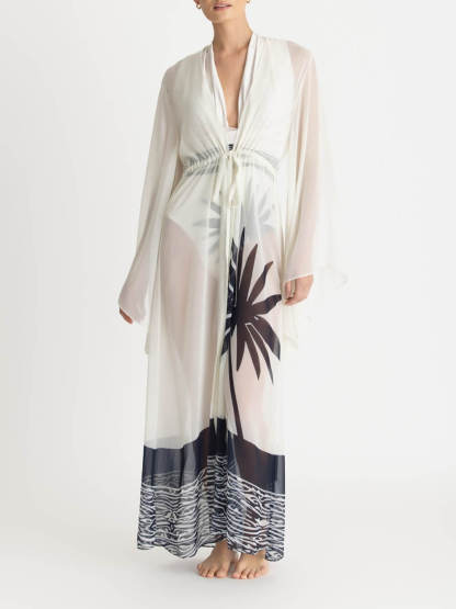Sexy Kimono Palm Tree Print Beach Cover-Up