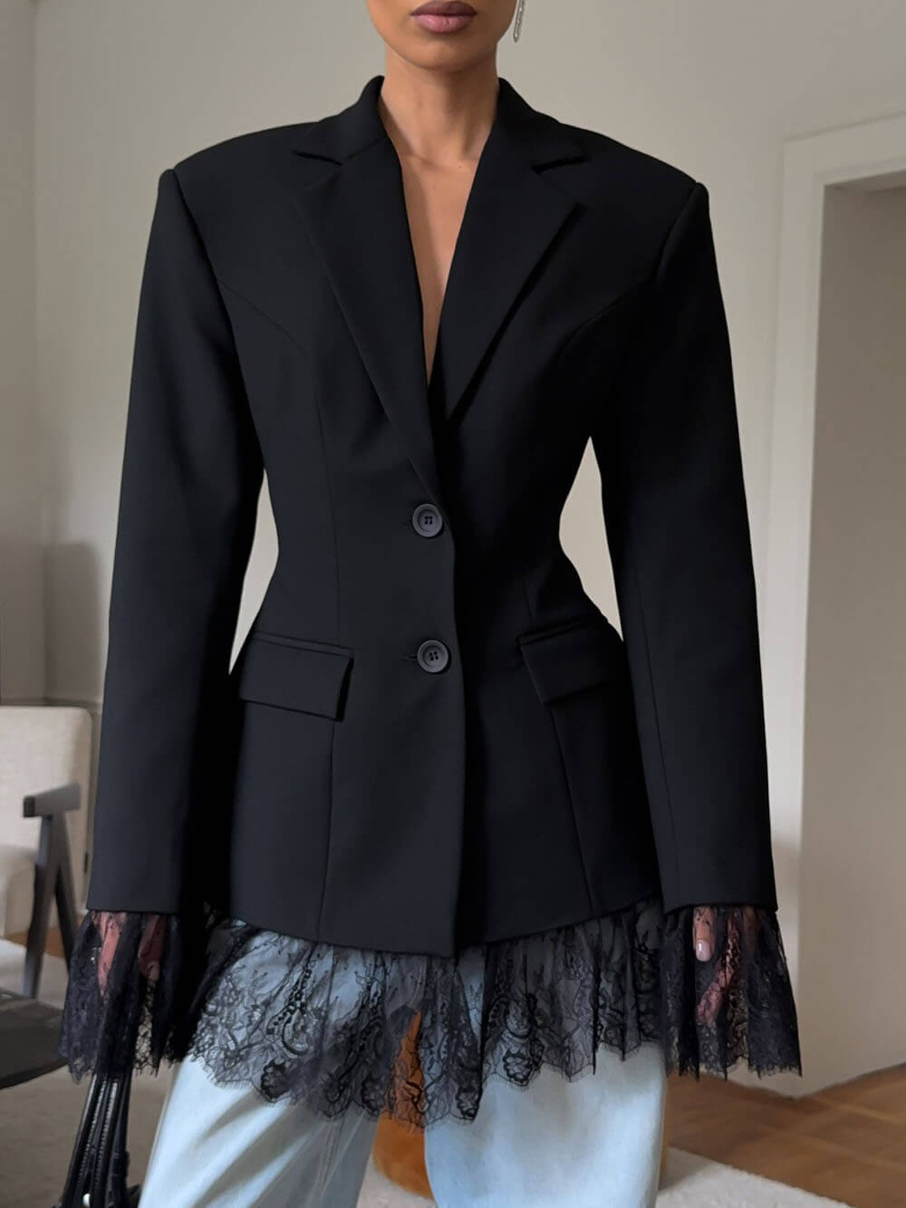 Casual Lace Hem Detail Black Blazer