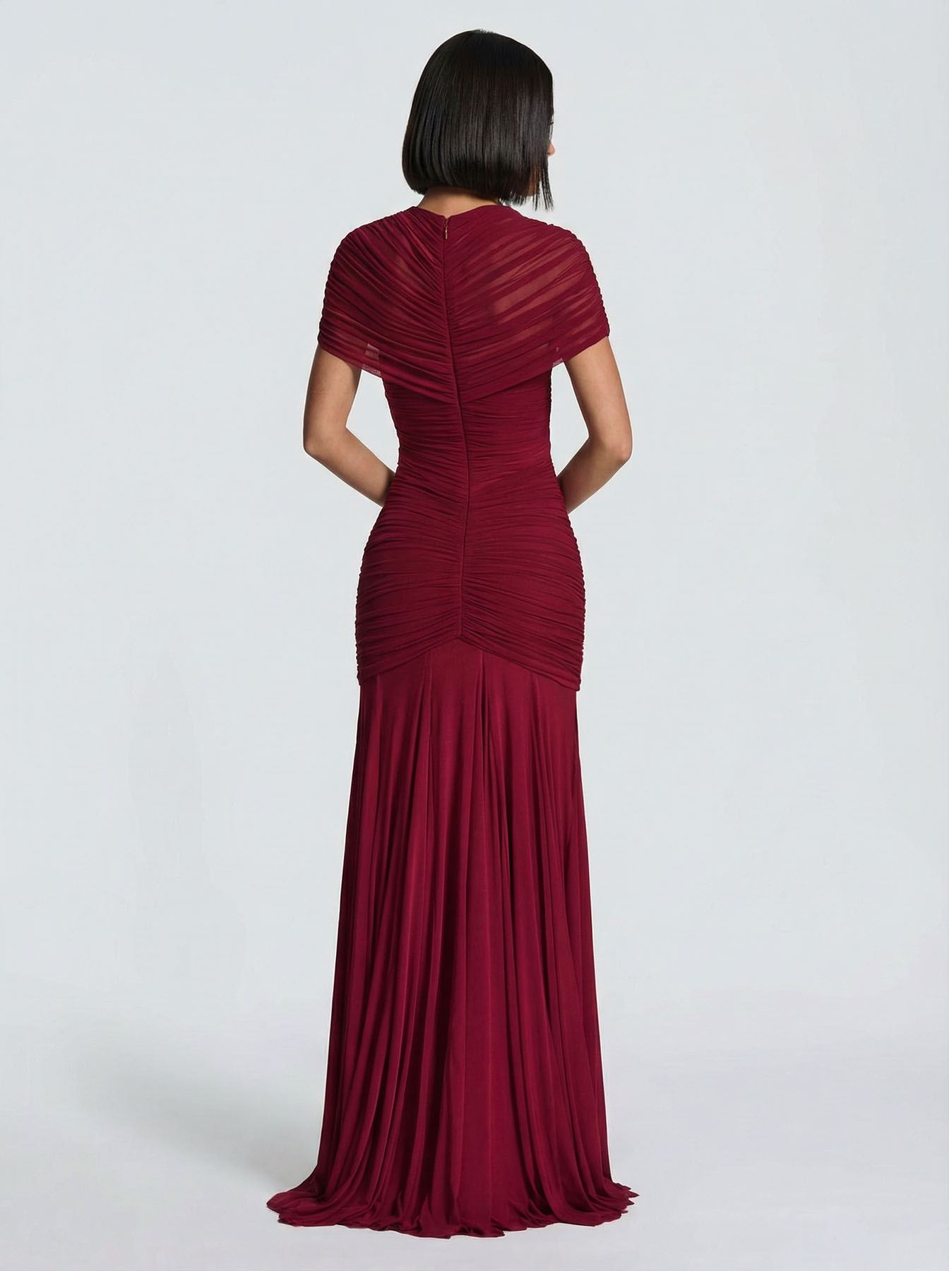 Mesh Pleated Short-sleeved Cutout Maxi Dress