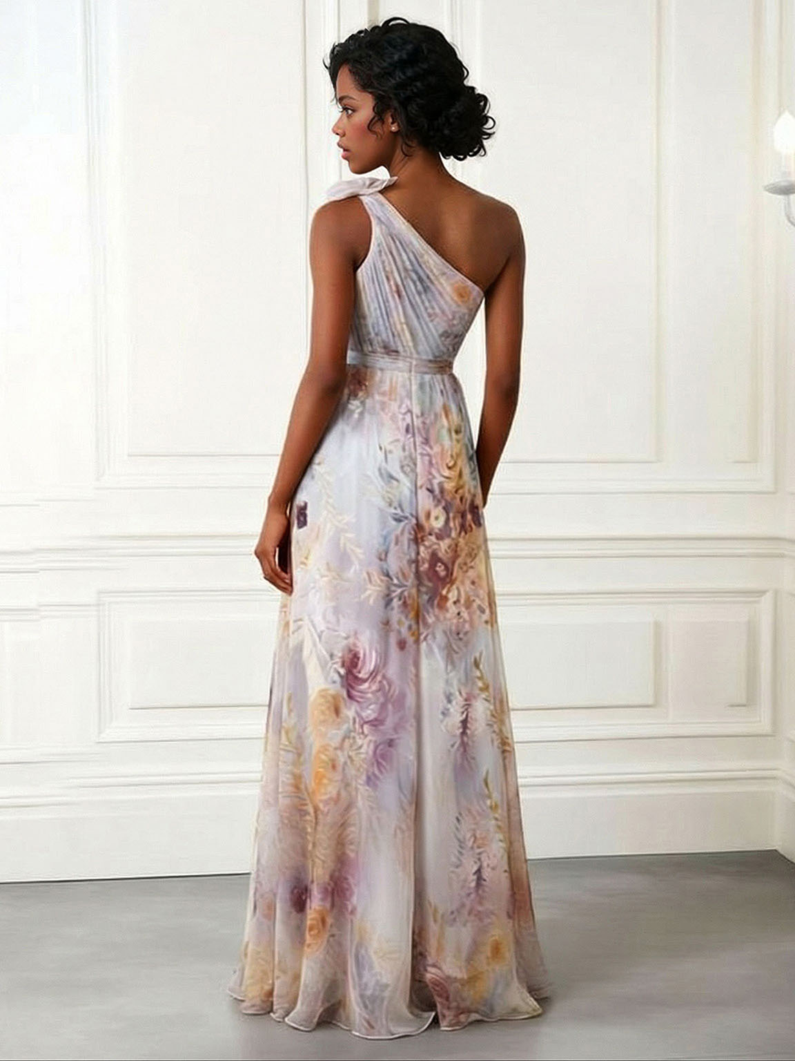 Elegant One-Shoulder Floral Print Chiffon Maxi Dress
