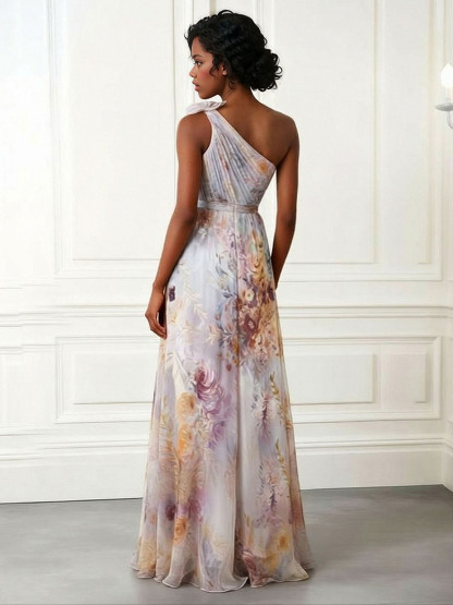 Elegant One-Shoulder Floral Print Chiffon Maxi Dress