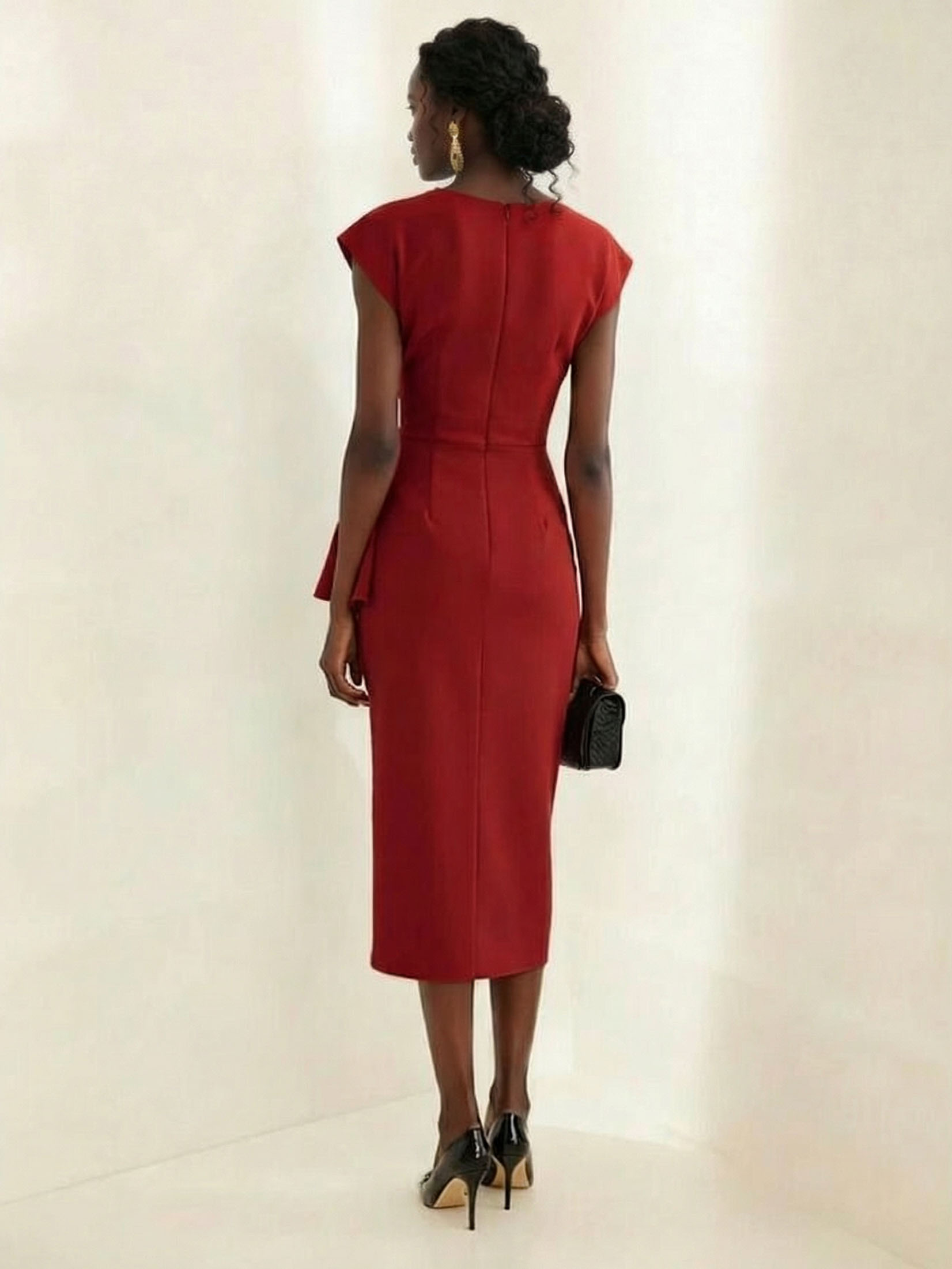 Elegant Draped Neckline Fitted Midi Dress