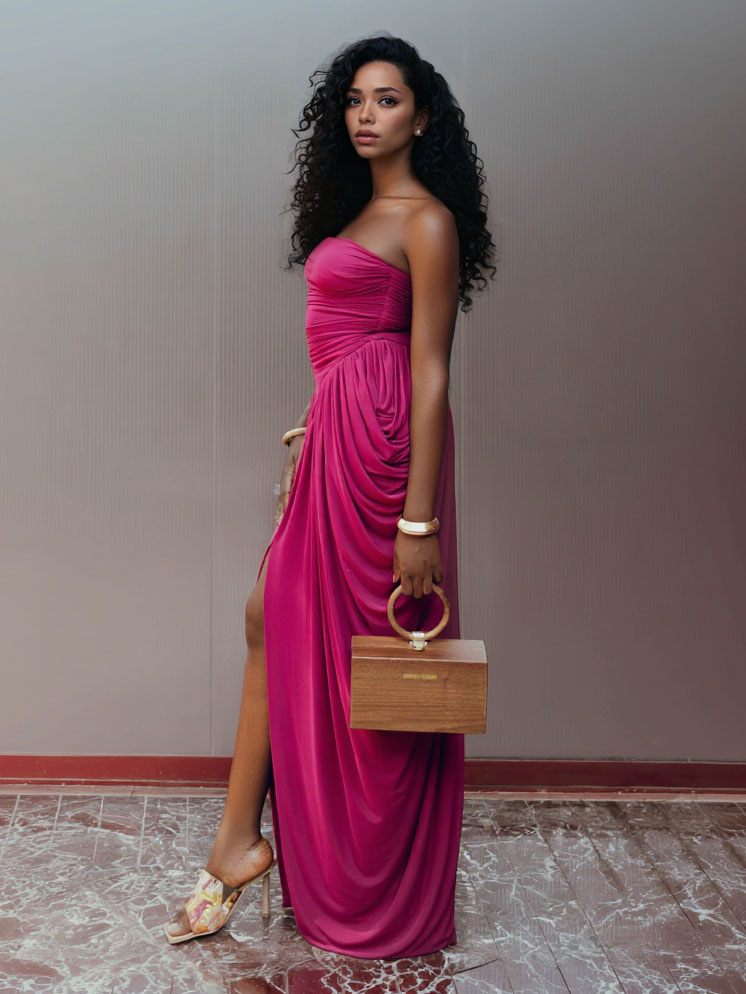 Modern Grecian-Style Fuchsia Draped Maxi Dress
