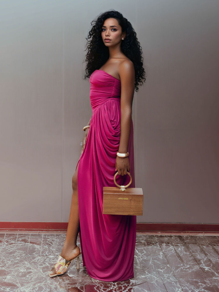 Modern Grecian-Style Fuchsia Draped Maxi Dress