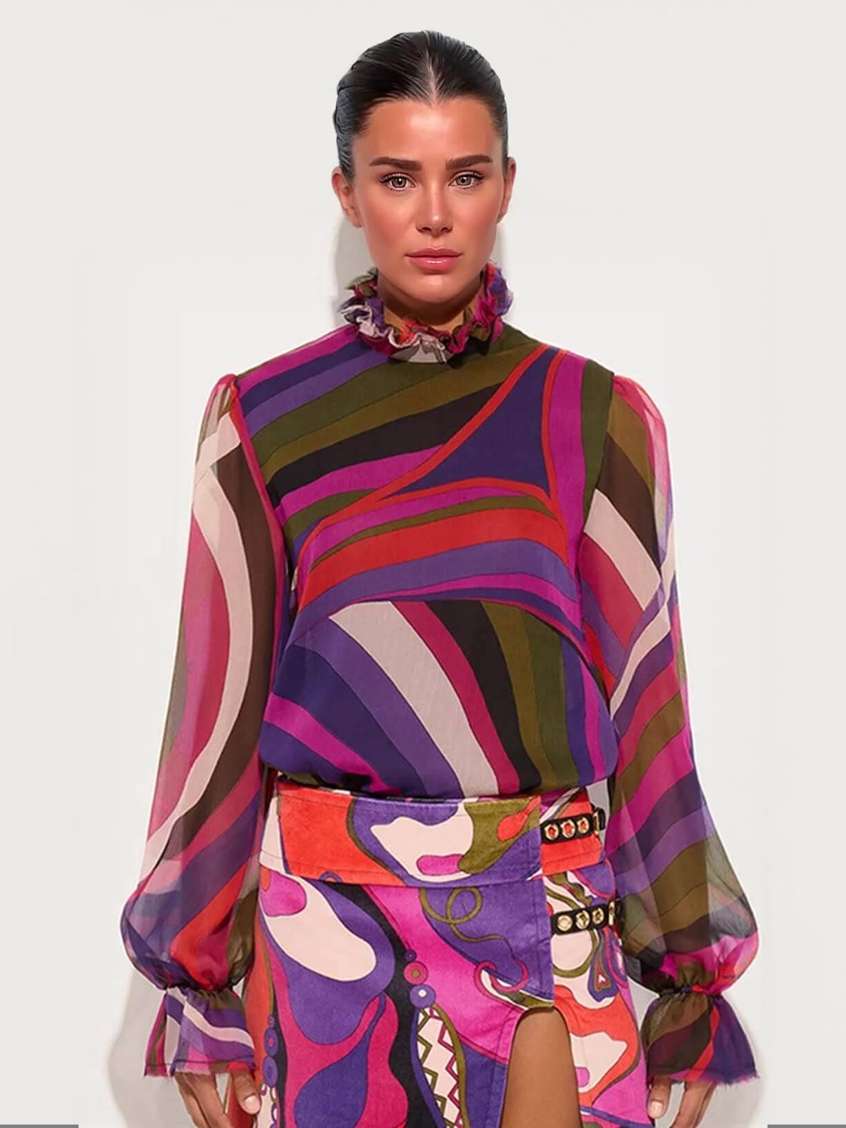 Unique Rainbow Print Lantern Sleeve Blouse