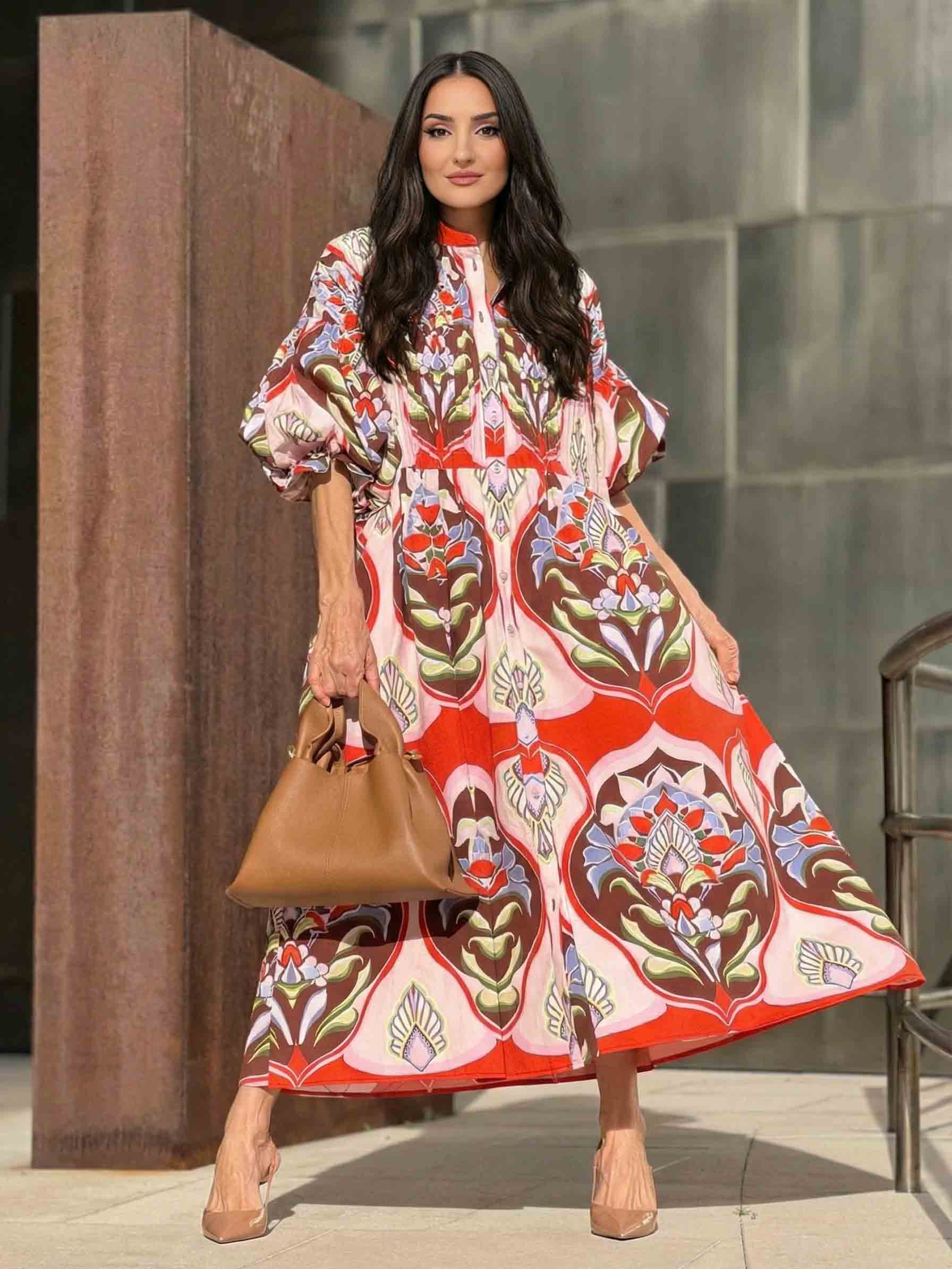 Exquisite Bohemian Print Shirt-Style Midi Dress