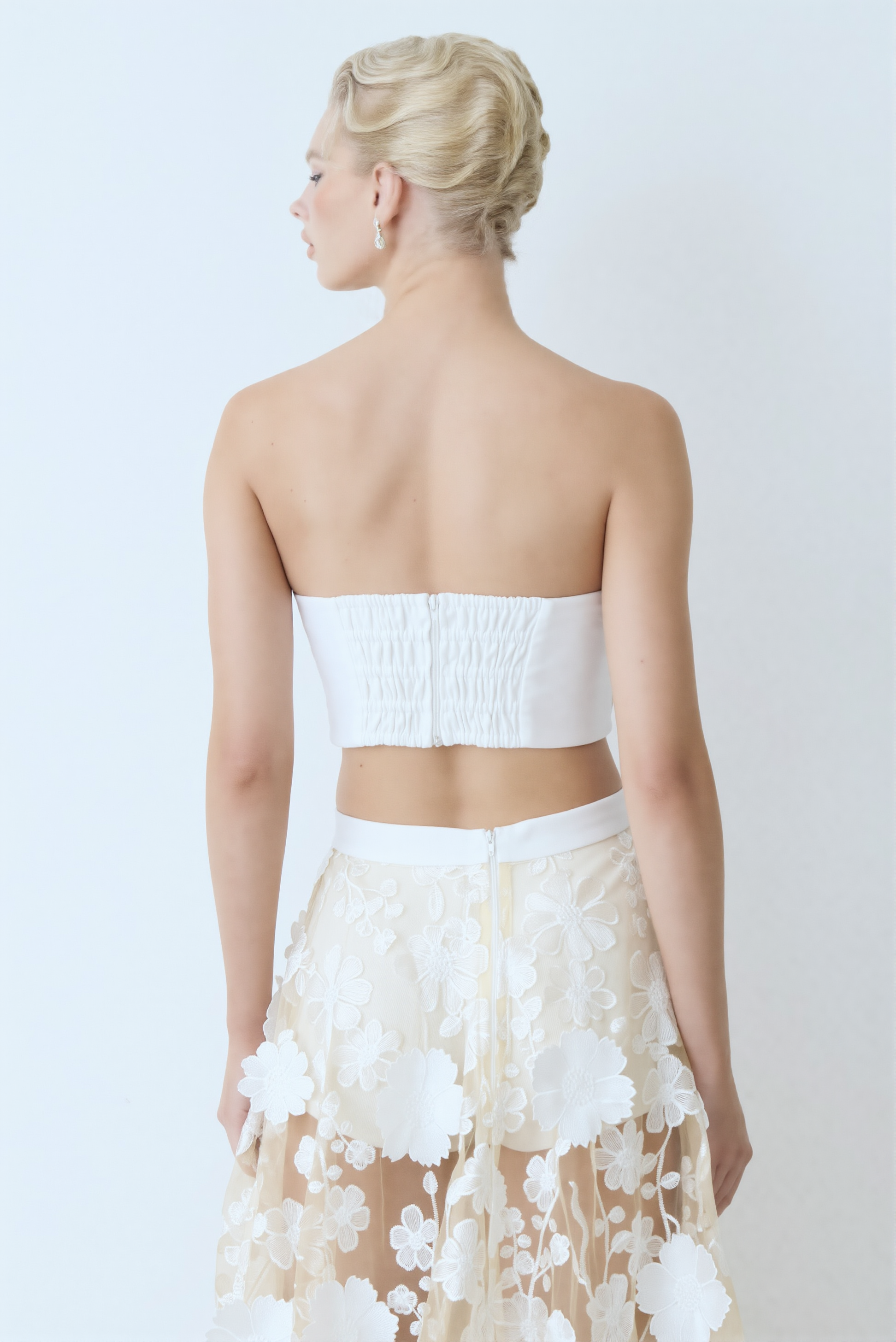 Elegant Strapless Floral Lace Crop Top & Maxi Skirt Two-Piece Set