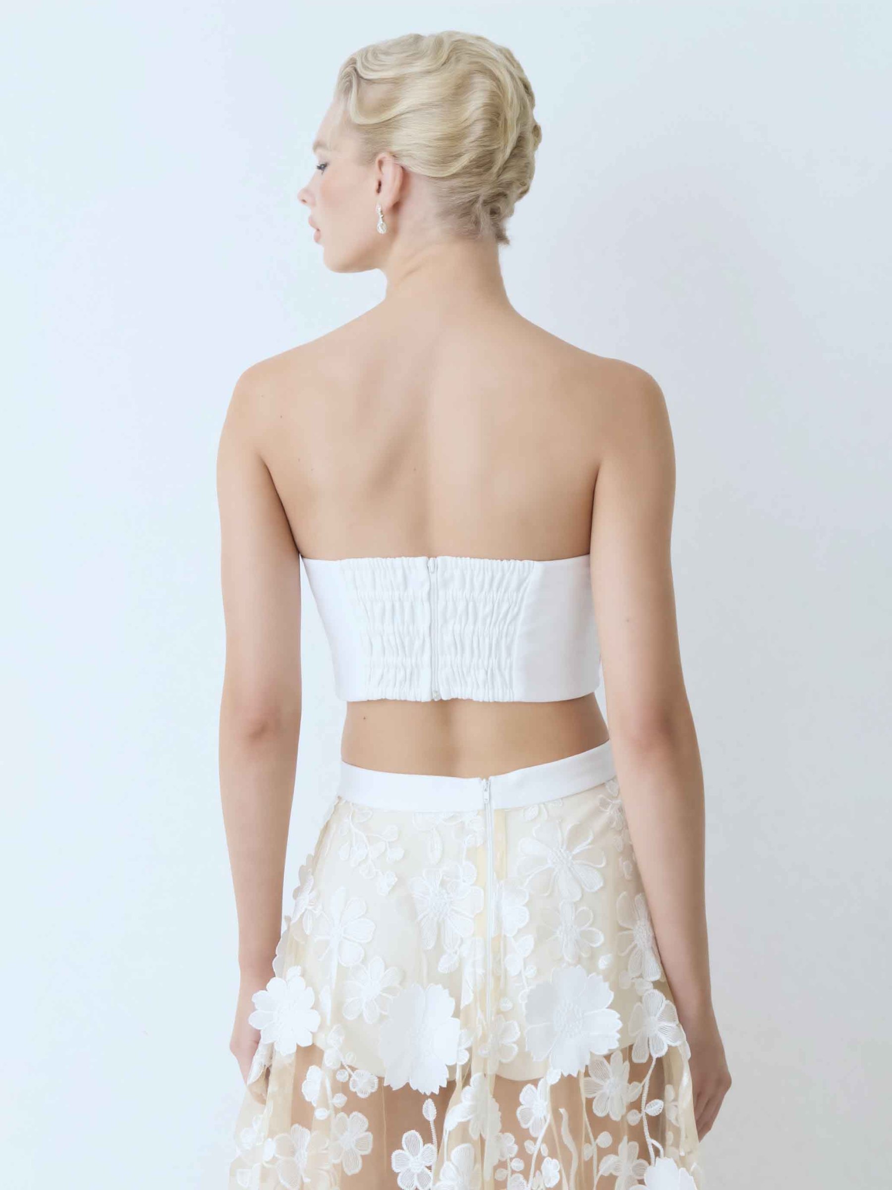 Elegant Strapless Floral Lace Crop Top & Maxi Skirt Two-Piece Set