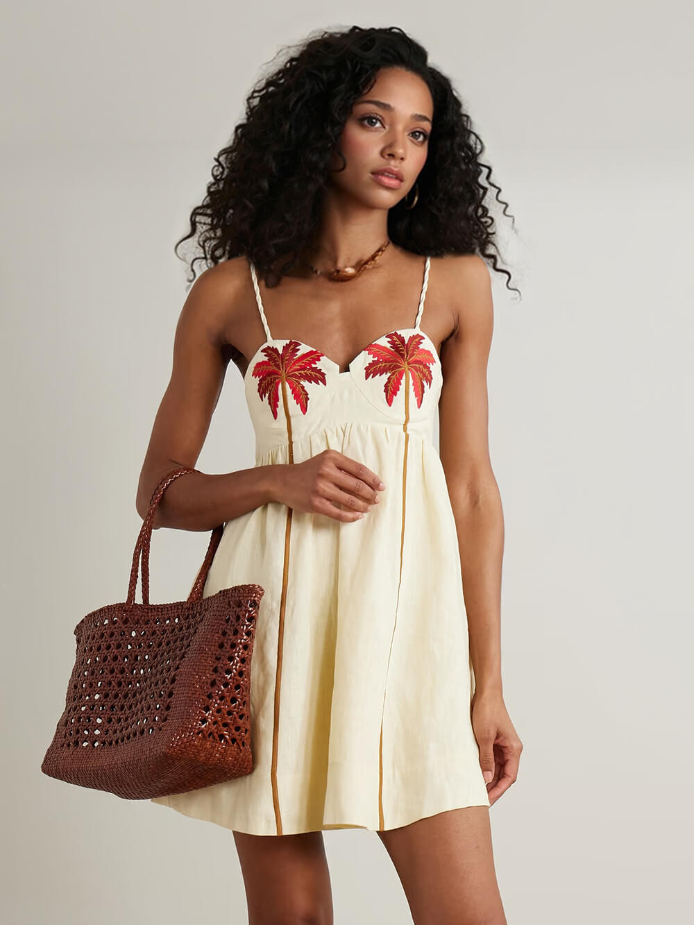 Retro Unique Palm Tree Print Linen Mini Dress