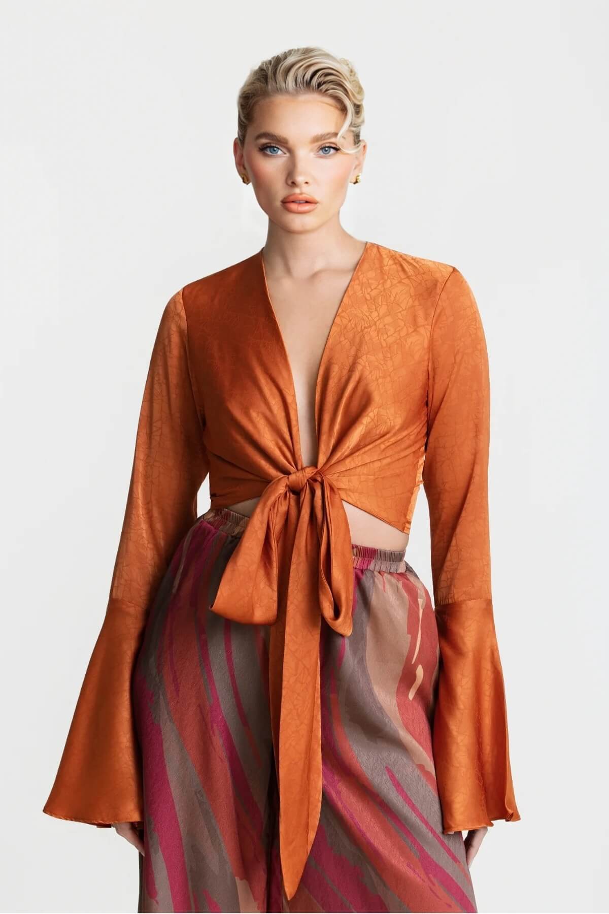 Casual Bell-Sleeve Wrap-Up Tie-Down Top