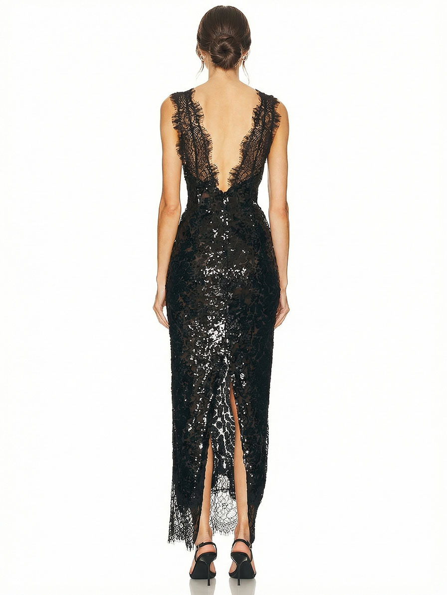 Elegant Lace-trimmed Deep V-neck Sequined Maxi Dress