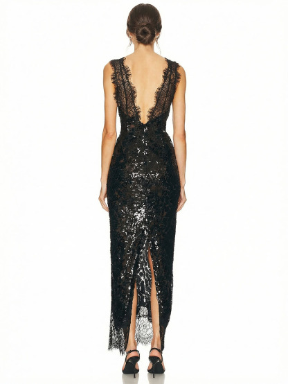 Elegant Lace-trimmed Deep V-neck Sequined Maxi Dress