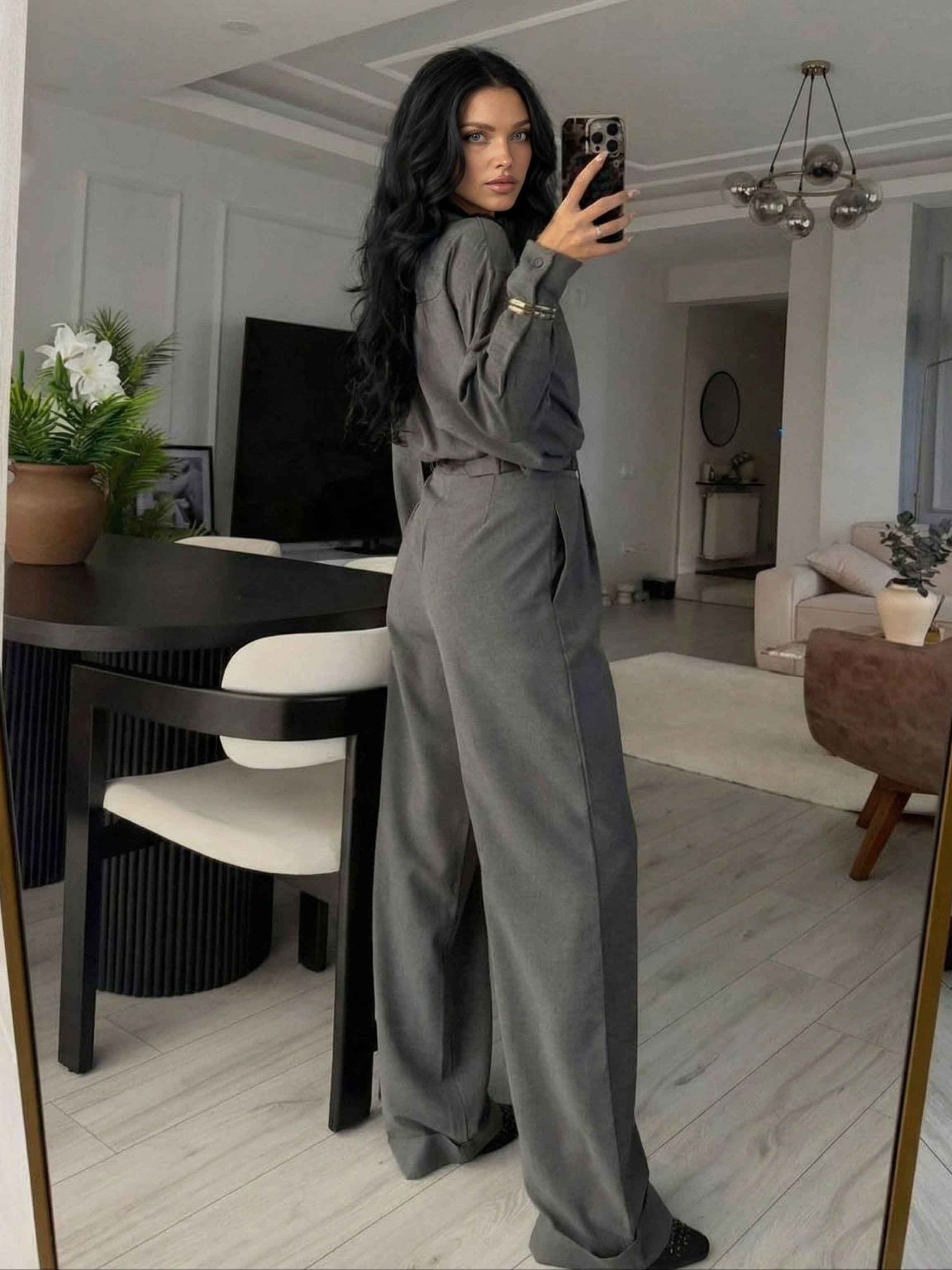 Elegant Draped Shawl Shirt & Wide-Leg Pants Two-Piece Set