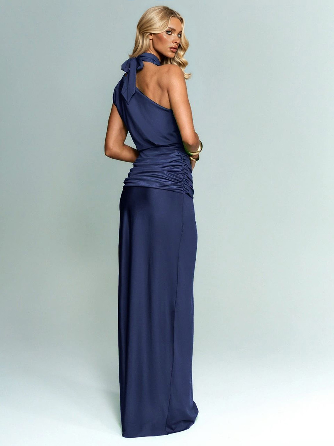 Elegant Asymmetrical Neckline Pleated Maxi Dress