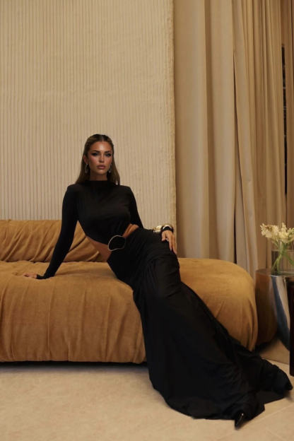 Fashion Pleated Long-Sleeve Cutout Maxi Dress