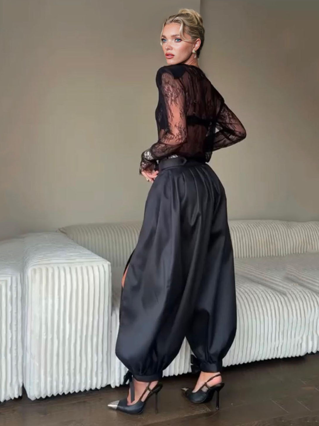 Sexy Lace Top & High-Waisted Drawstring Lantern Pants Set