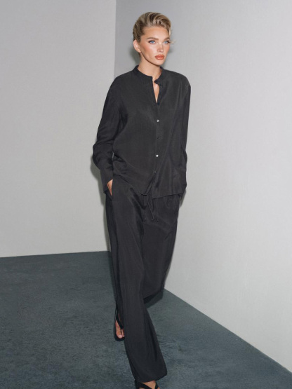 Minimalist Black Satin Shirt & Drawstring Pants Set