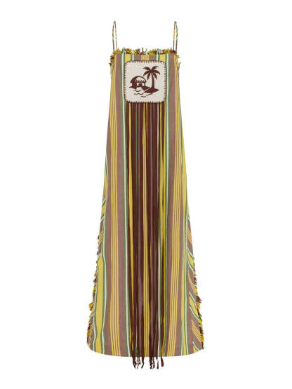 Retro Striped Palm Tree Print Spaghetti Strap Slit Maxi Dress