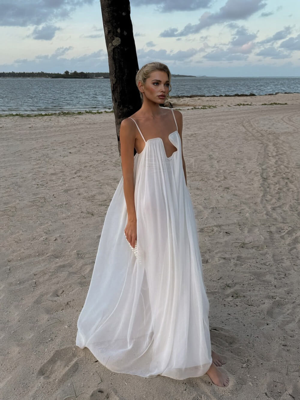 Fashion Flowy Chiffon Plunging Chest Cutout Slip Loose Maxi Dress