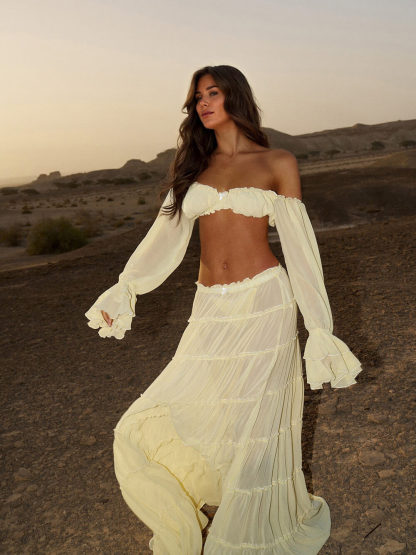 Fashion Off Shoulder Long Bell Sleeve Crop Top and Elastic Waist Layered Cover-up Maxi Skirt Set
