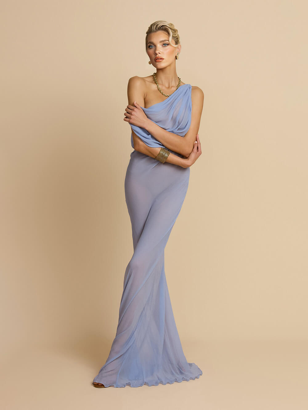 Fashion Mesh Sexy Off-Shoulder Ruched Maxi Dress