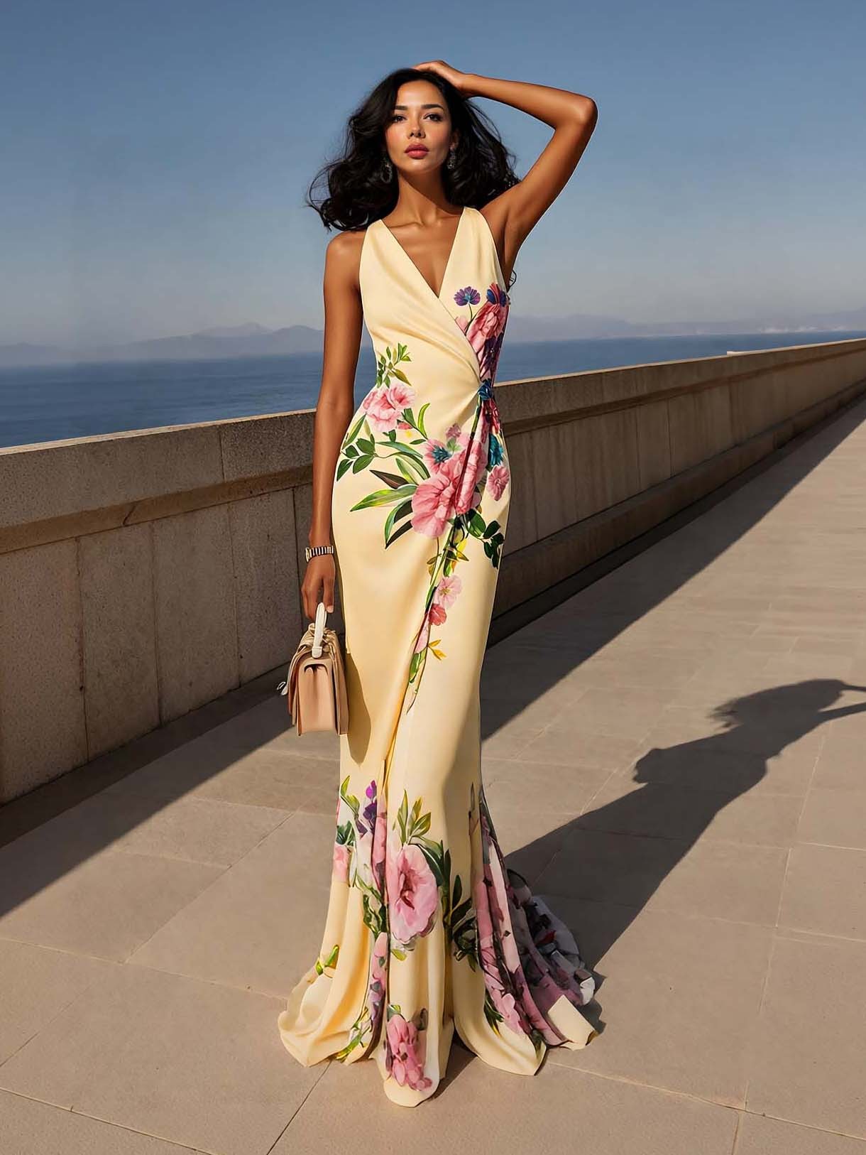 Elegant Floral Print Satin Mermaid Maxi Dress