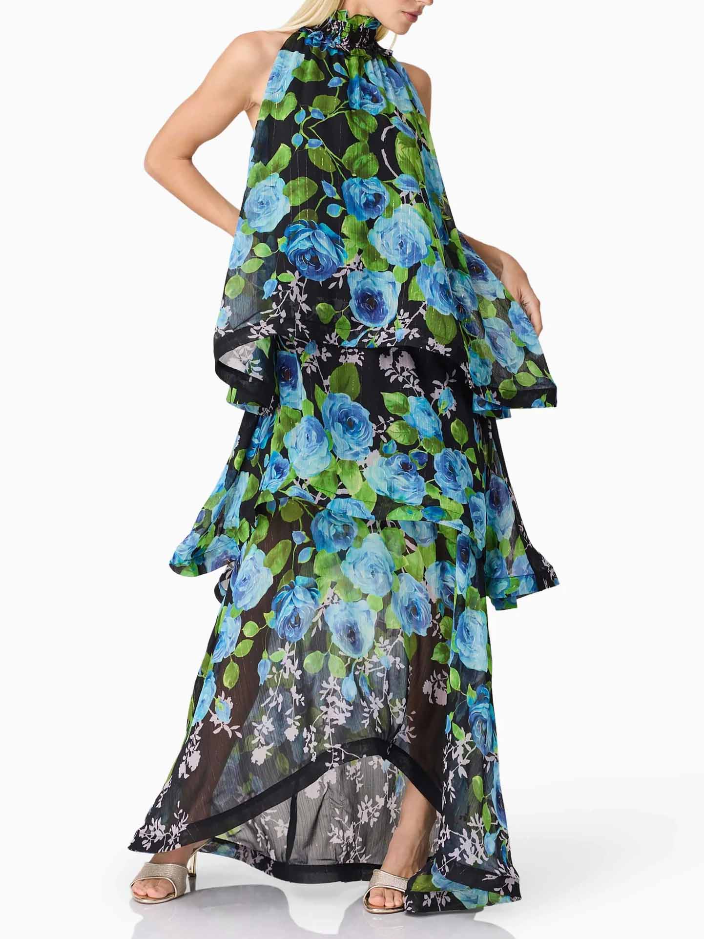 Elegant Rose Floral Halter Tiered High-Low Maxi Dress