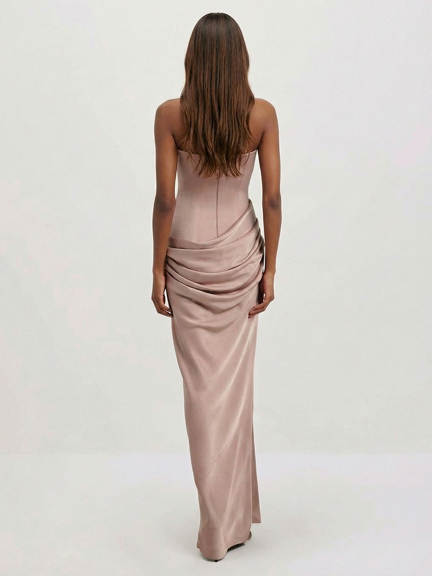 Elegant Strapless Corset Draped Satin Maxi Dress
