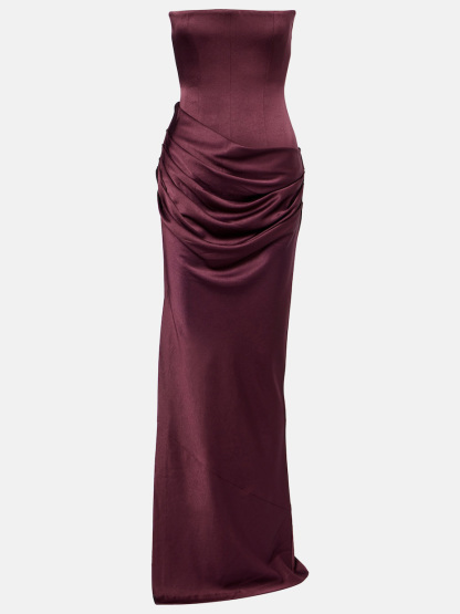 Elegant Strapless Corset Draped Satin Maxi Dress