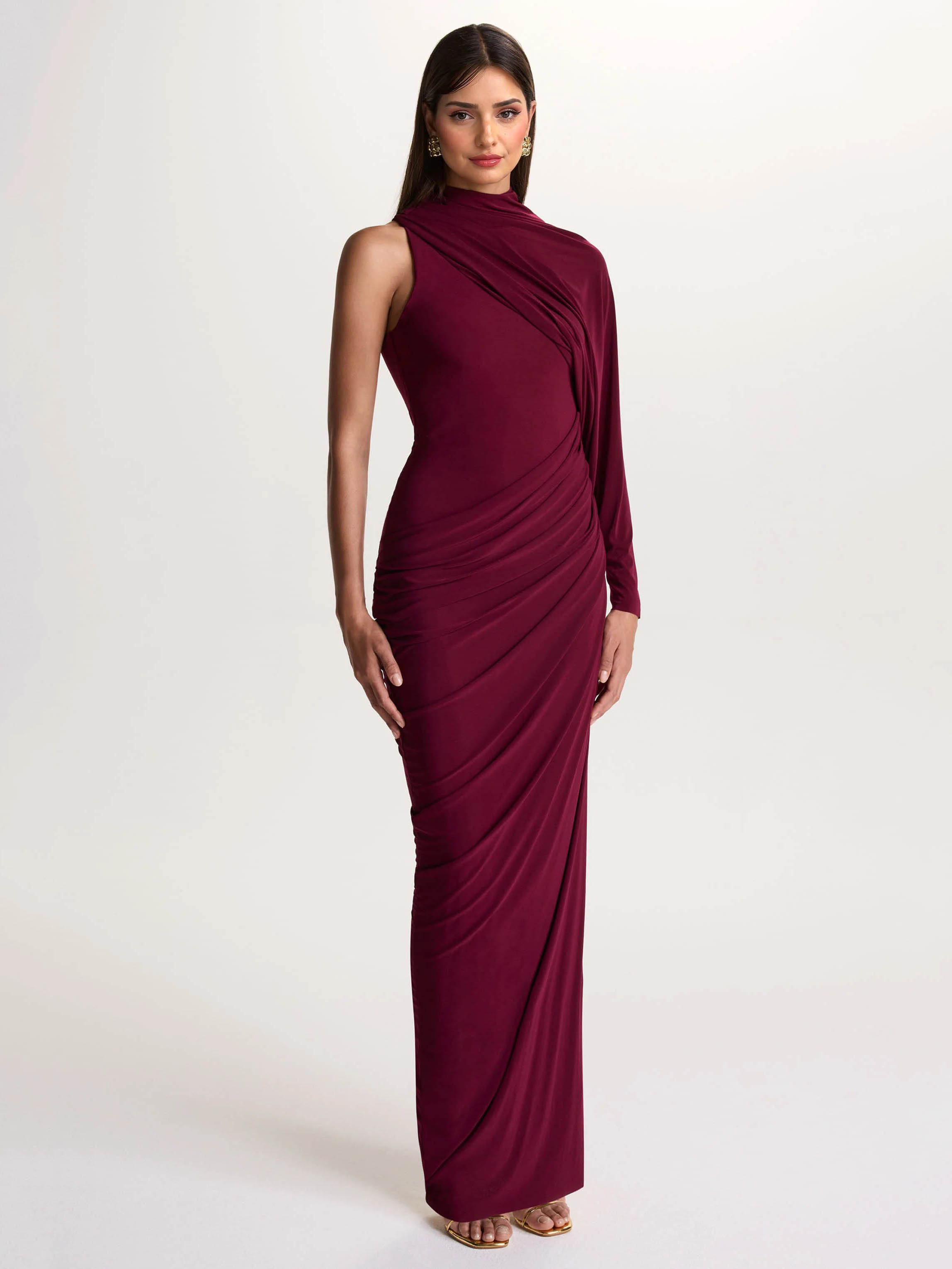 Elegant Asymmetrical One-Sleeve Draped Maxi Dress