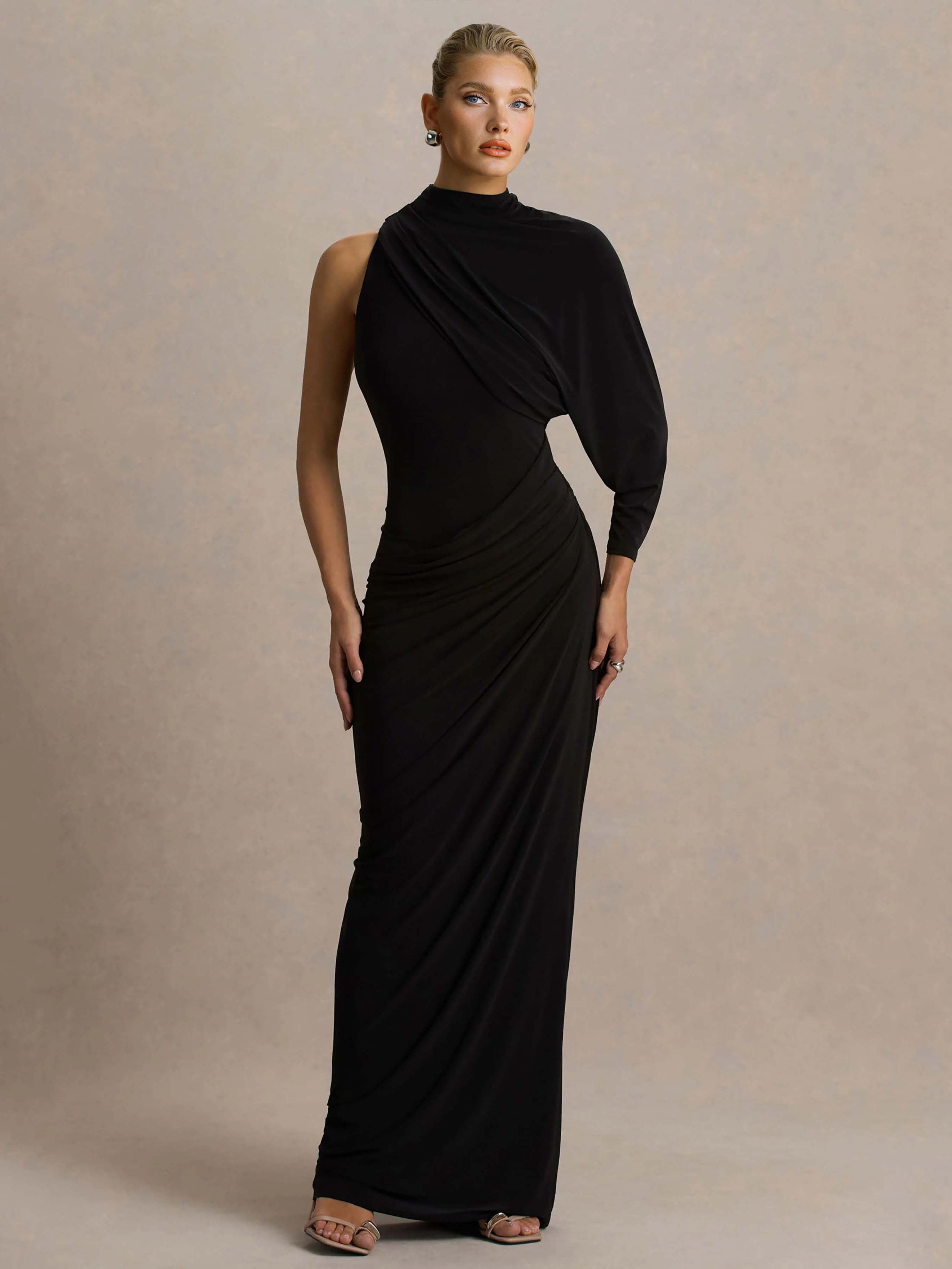 Elegant Asymmetrical One-Sleeve Draped Maxi Dress
