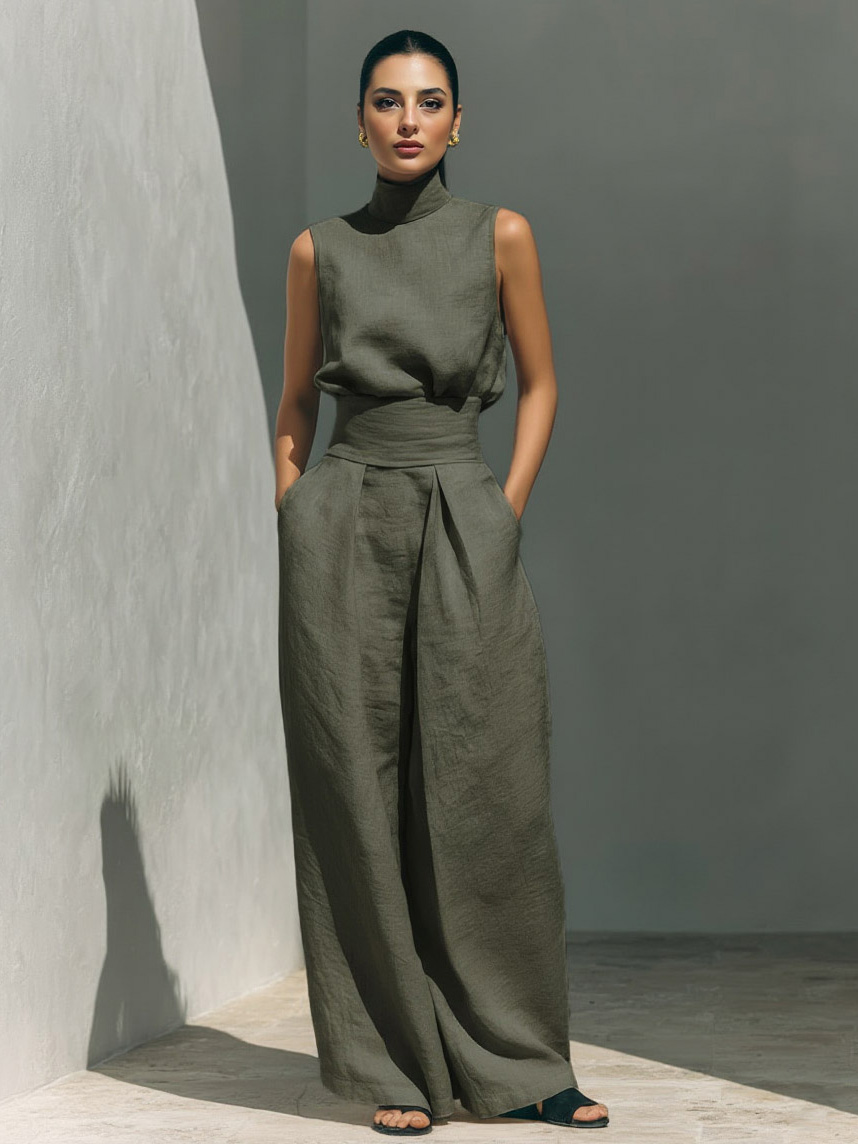 Elegant Linen High-Neck Top & Wide-Leg Pants Two-Piece Set