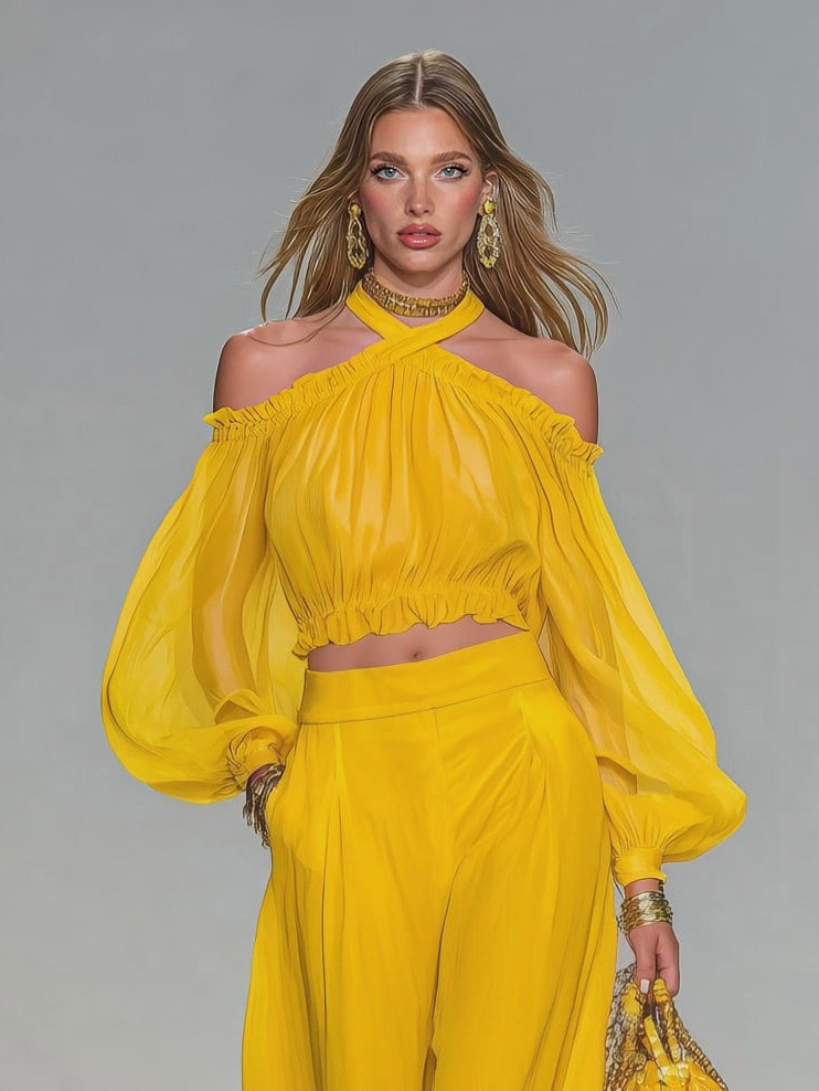 Elegant Off-Shoulder Top & Wide-Leg Pants Two-Piece Set