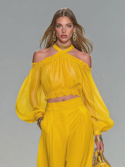 Elegant Off-Shoulder Top & Wide-Leg Pants Two-Piece Set