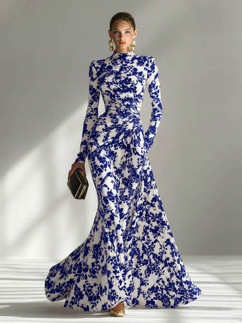 Casual Abstract Print High-Neck Pleated Mermaid Maxi Dress