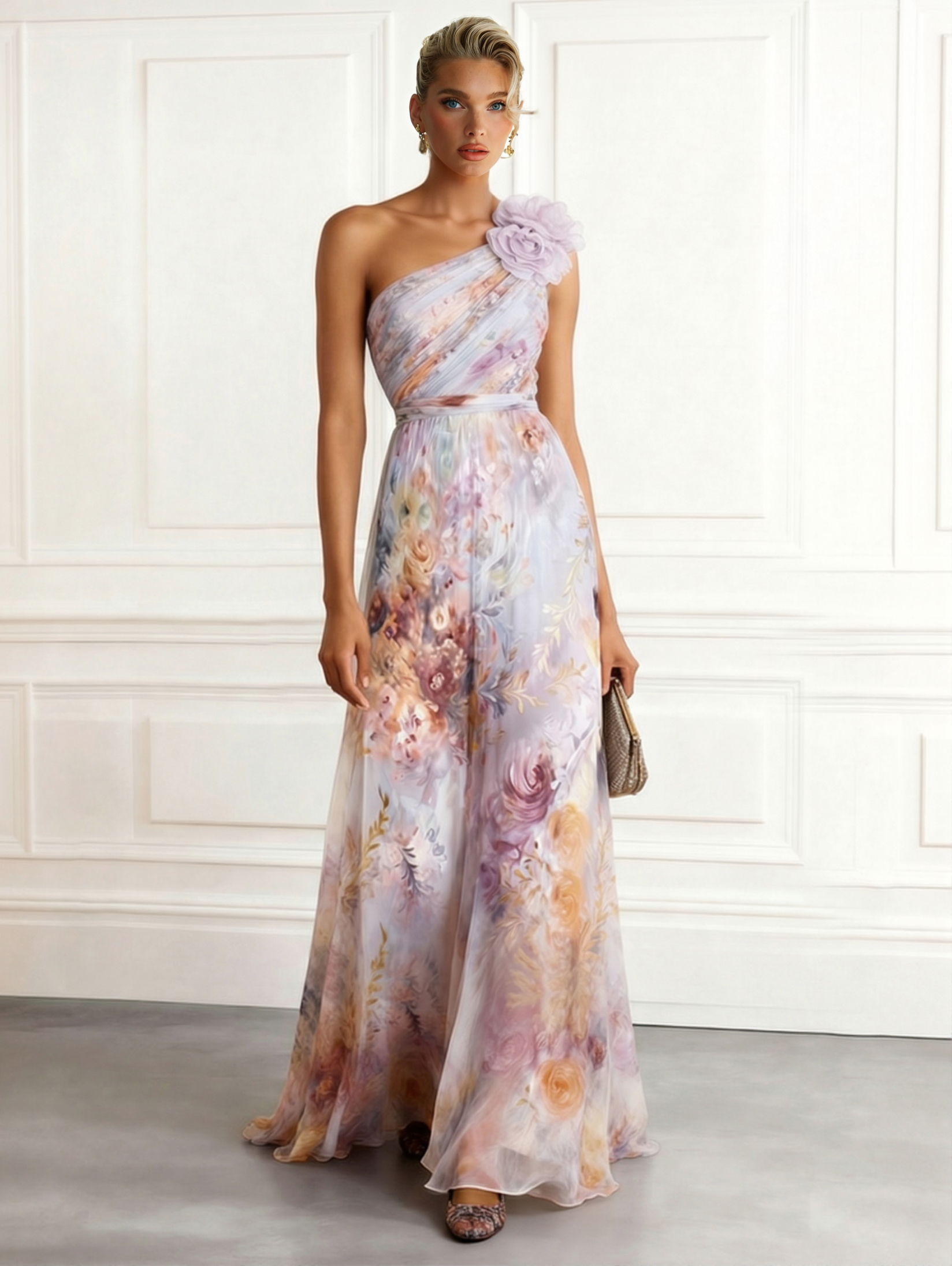 Elegant One-Shoulder Floral Print Chiffon Maxi Dress