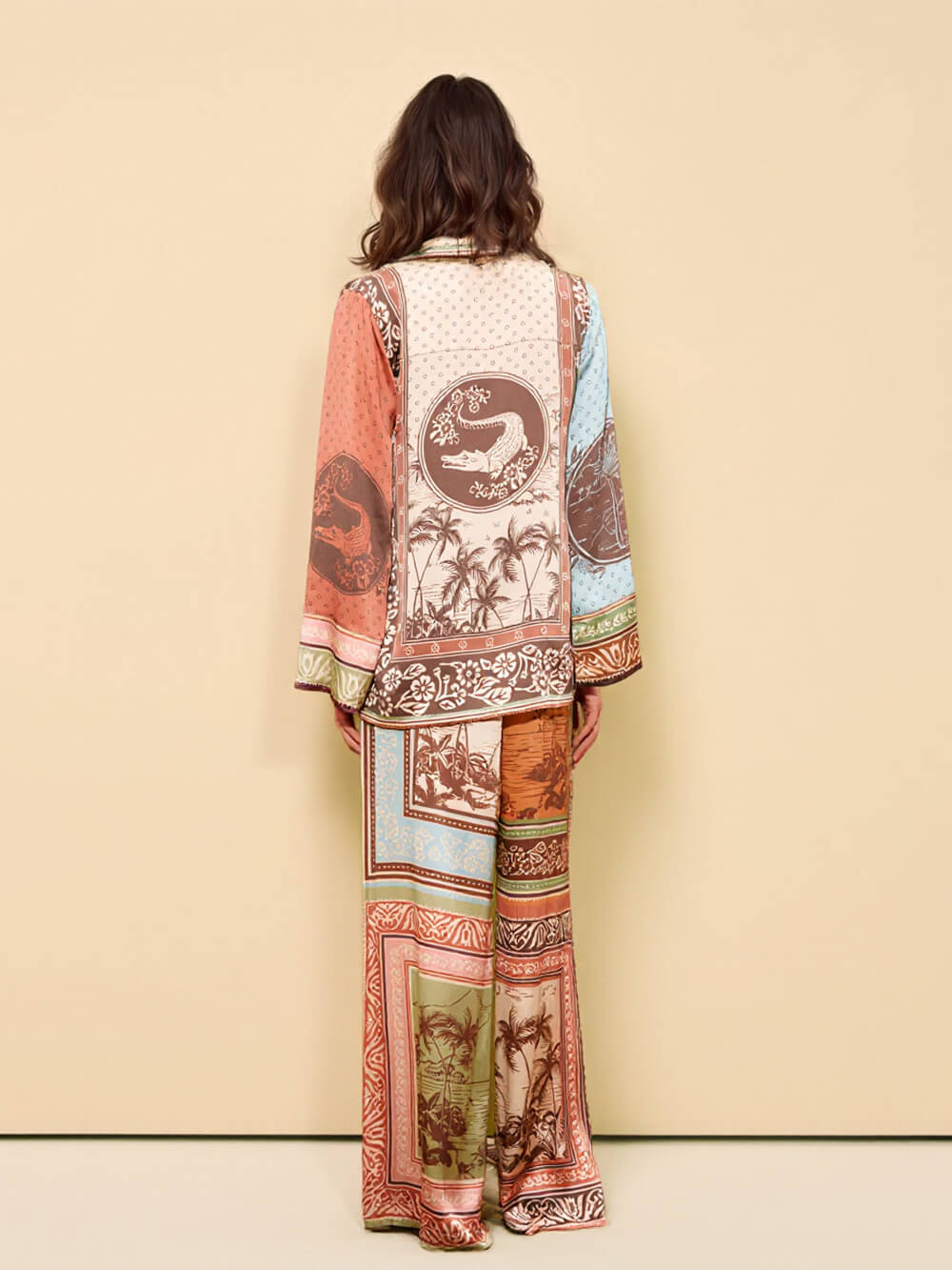 Unique Satin Floral Print Elastic-Waist Wide-Leg Pants