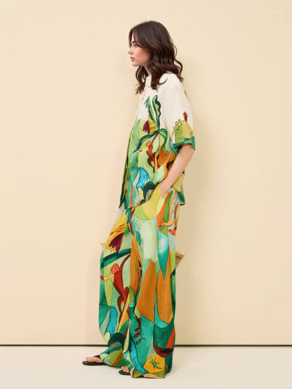 Unique Modern Linen Abstract Print Loose Wide-Leg Pants