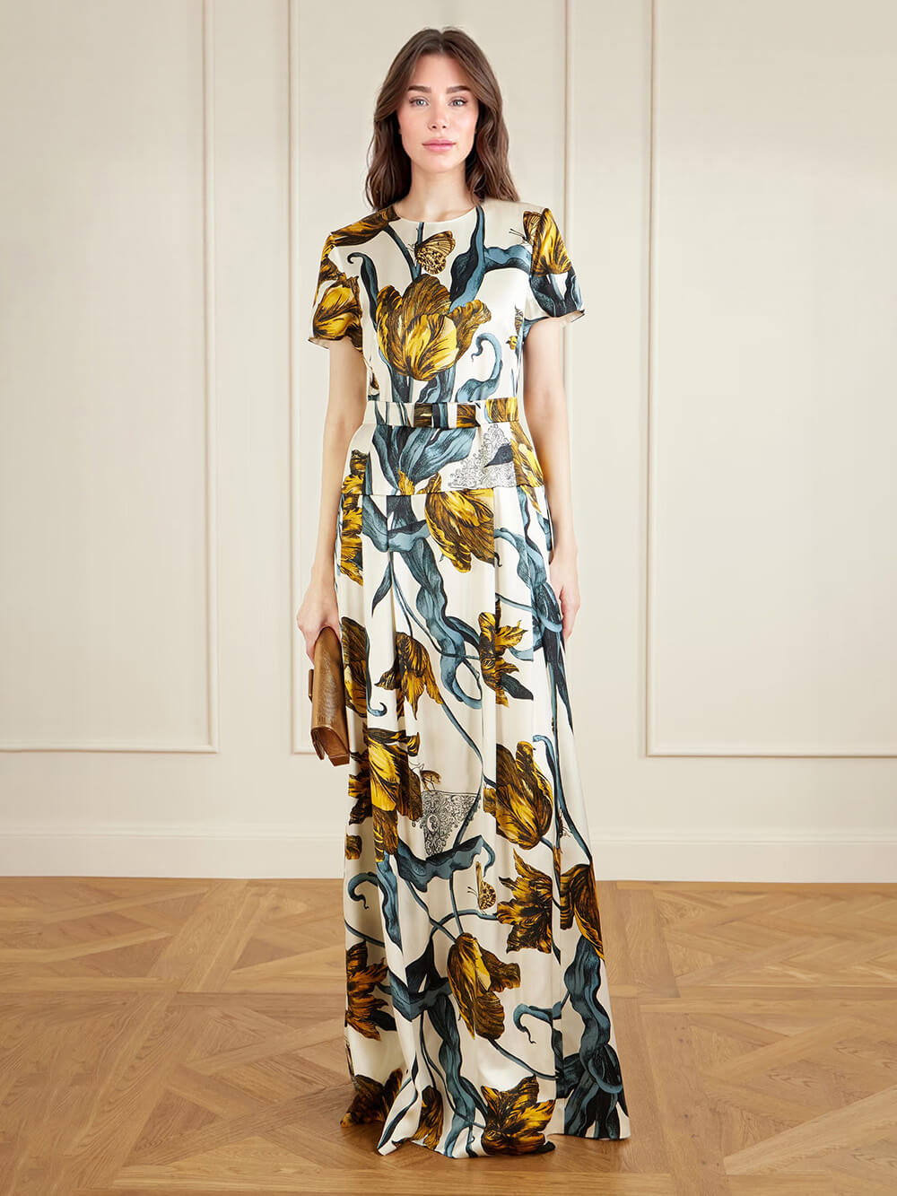 Fashion Printed Satin Waist-Cinching Maxi Dress